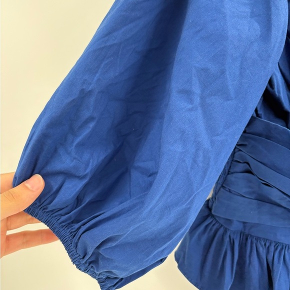 Express Blue Puff Sleeve Peplum Blouse Smocked Ruffle Hem Draped Front Top large - Picture 4 of 13